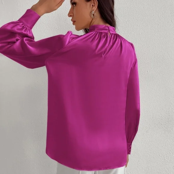 Classic High Neck pleated Satin long sleeve Top - Picture 11 of 11